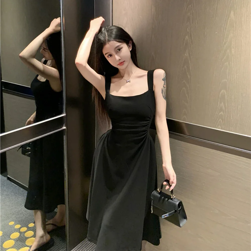 Cocktail Vacation Holiday Dress Skirts Elegant Long Sleeveless Slight Stretch Solid Color Square Collar Summer