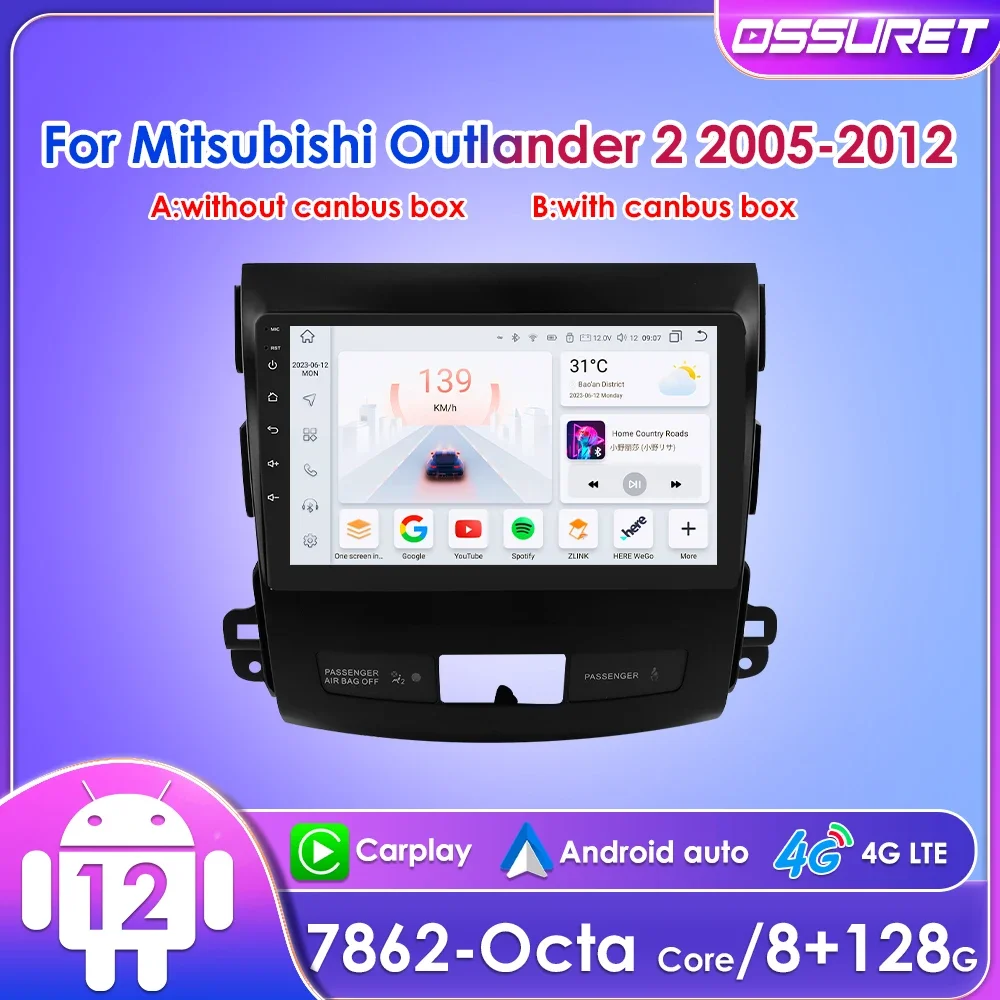 

9" Ossuret 2Din Android12 Car Radio for Mitsubishi Outlander Citroen C-Crosser 2005 - 2011 Navigation GPS RDS DSP 4G BT CarPlay