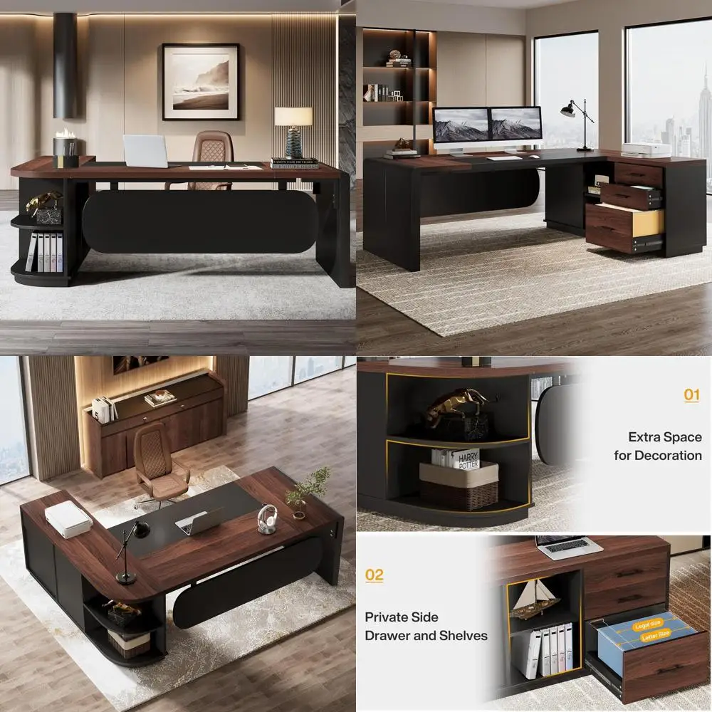

Большой угловой офисный стол L-образной формы на 80 л с навесной полкой (55 дюймов), цвет орех и черный, с полками для хранения, идеально подходит для дома или офиса