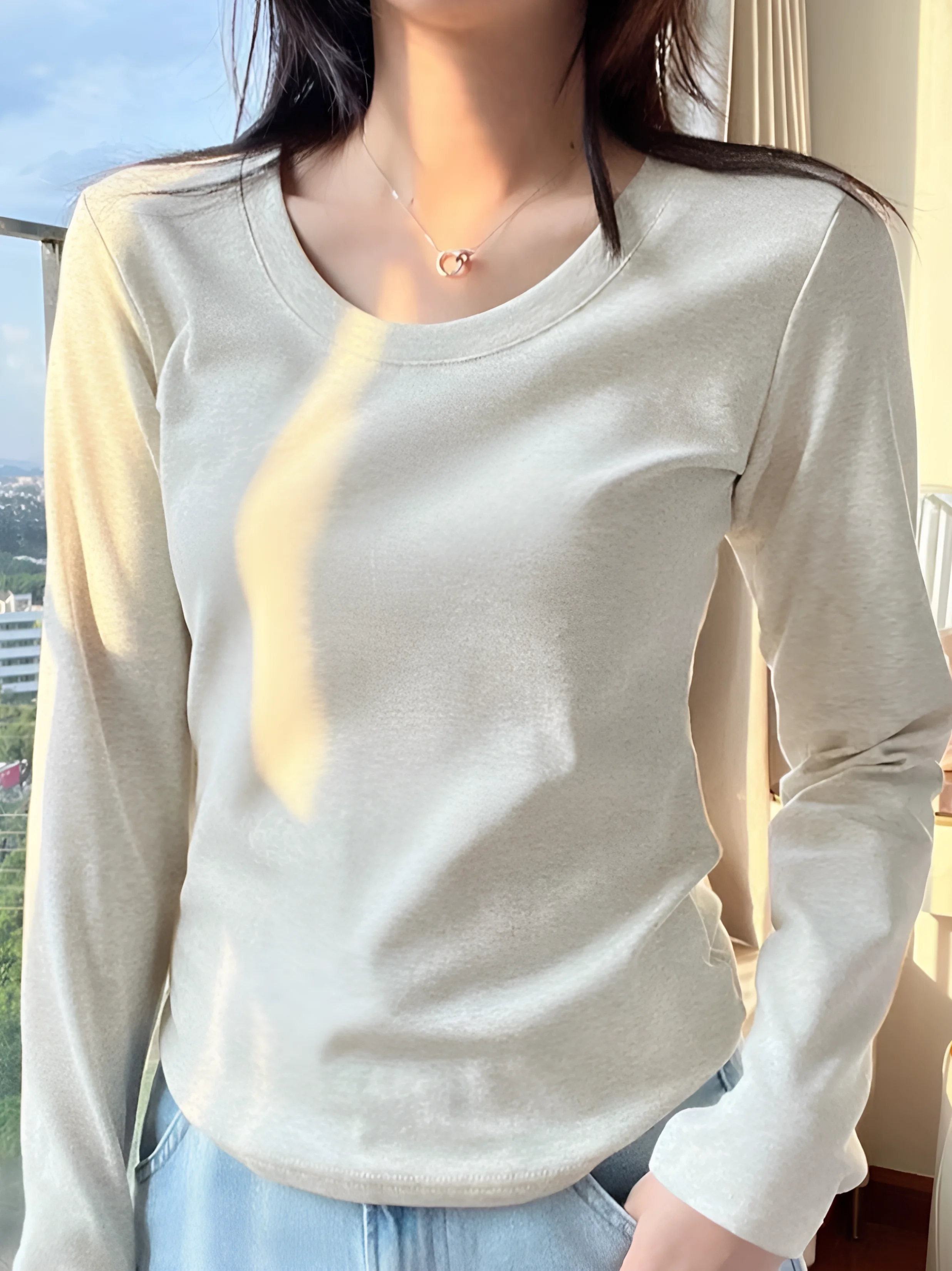 Women's Base Shirt Long Sleeve round Neck Low Neck Cotton T-Shirt Slim Fit U-Neck Spring Autumn Seasonal plus Size Inner Wear