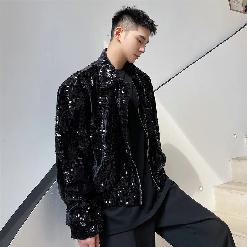 Autumn Sequin Decorative Jacket for Men Short Casual Social Streetwear Lapel Bomber Jacket Men Loose Stage Performance Costumes