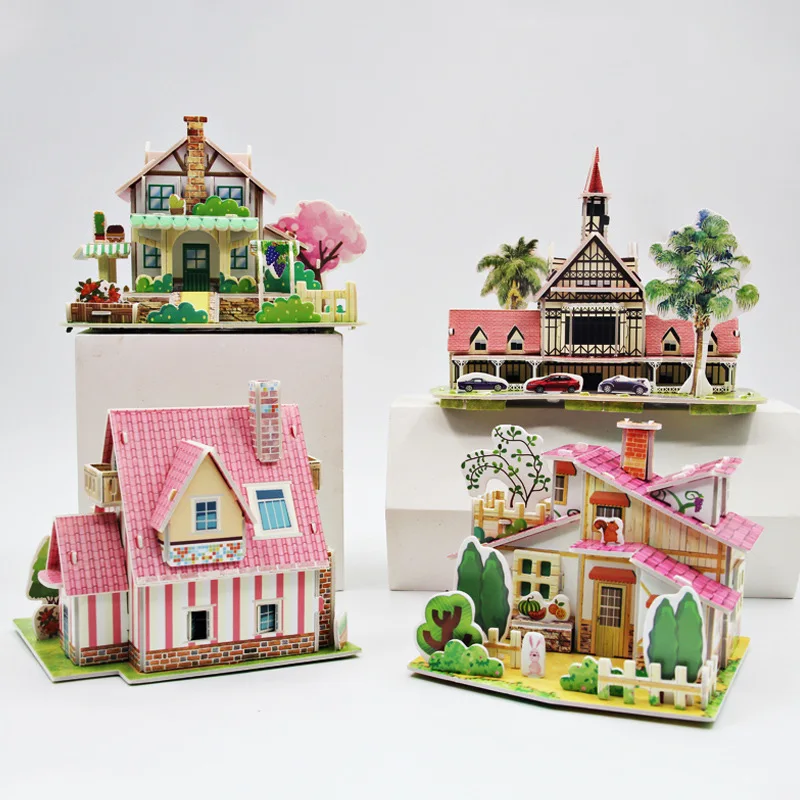 6 Pcs/Set Paper Card 3D Puzzle House Model Parent Child Interaction Creative Handmade DIY Puzzle