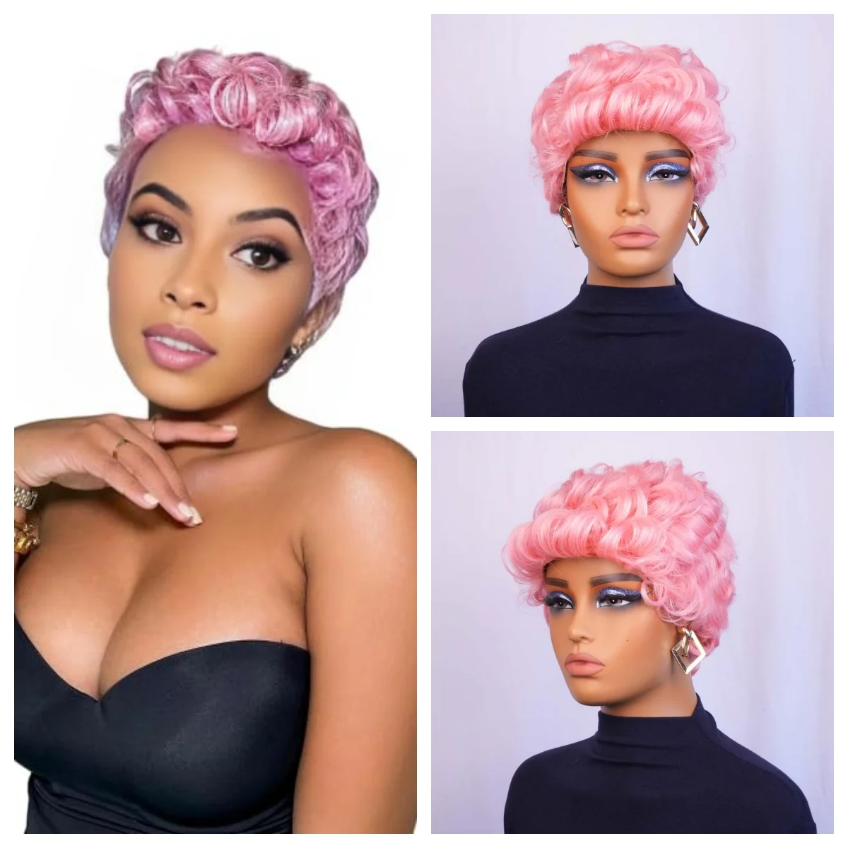Wig Rambut Manusia Pendek dengan Poni Wig Potongan Pixie Pink untuk Wanita Kulit Hitam Rambut Manusia Remy Gaya Rambut Berlapis Wig Buatan Mesin