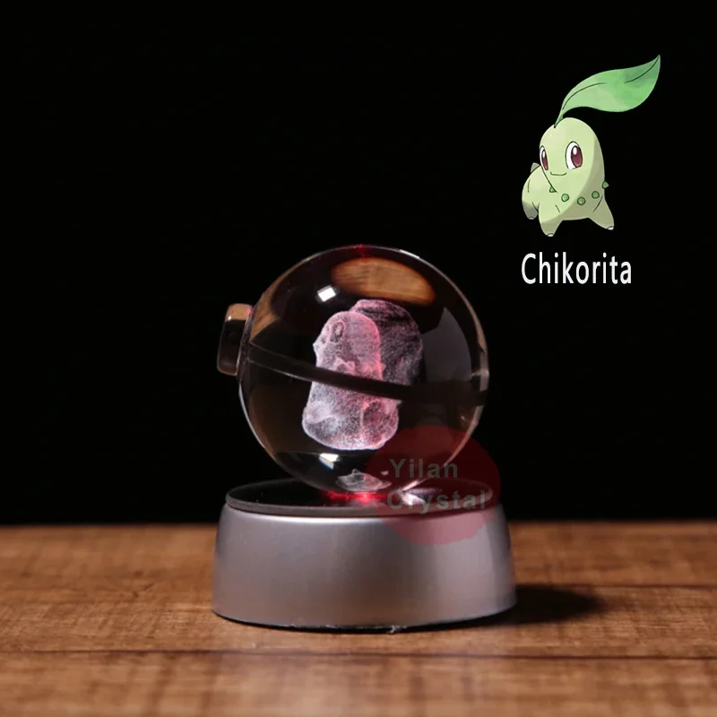 

Pokemon Anime Figure Models Pokeball Clear 3D Engraving Chikorita Crystal Ball with LED Light