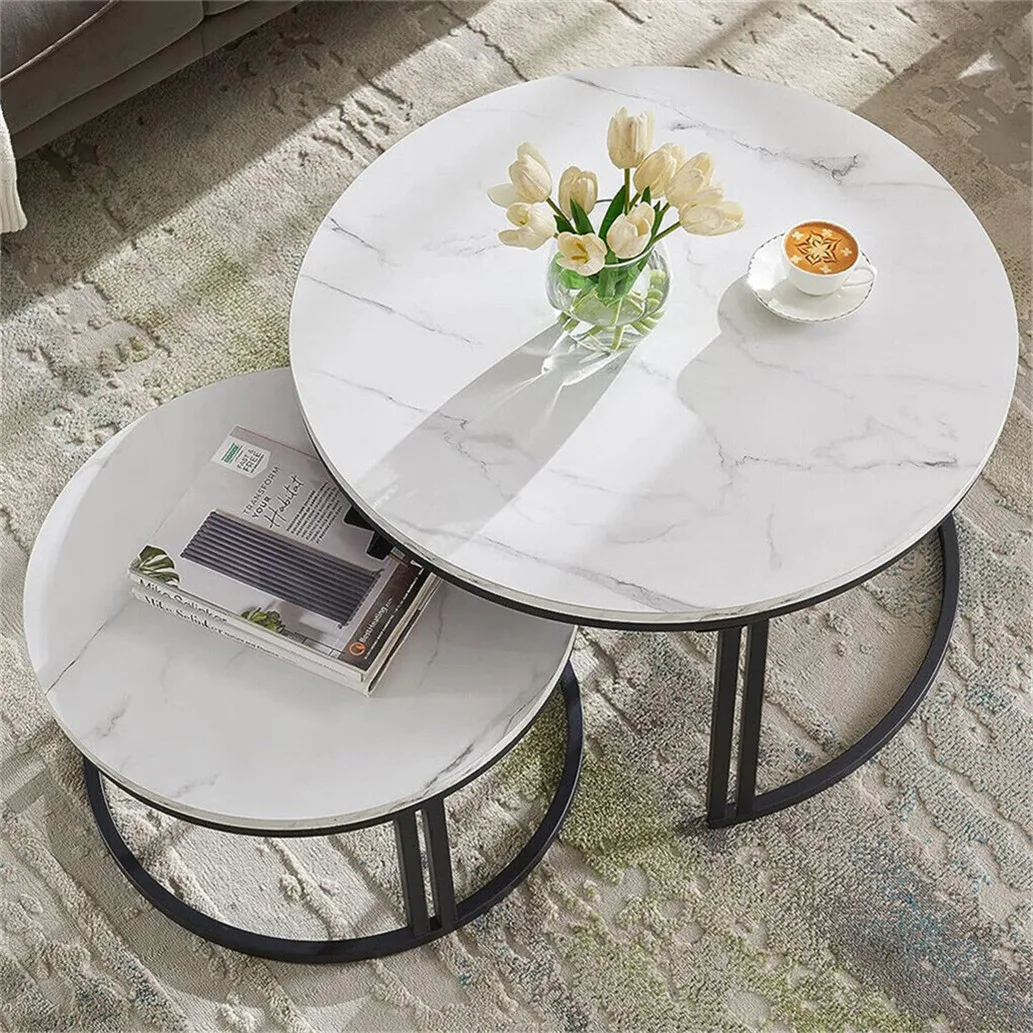 Coffee Table Set of 2 Nesting Accent Tables White/Gray Marble Top Dual-support Frame Stacking Side Desk