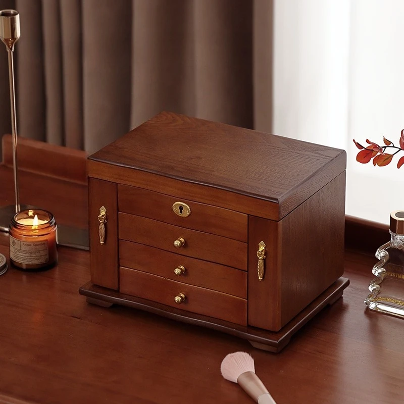 나무 보석 보관 상자 거울 잠금 보석 상자 대형 팔찌 목걸이 보석 보관 케이스 귀걸이 반지 팔찌 주최자