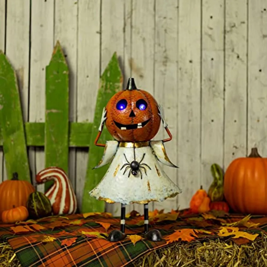Outdoor Halloween decor: metal jack-o-lantern and ghost figurines with LED light-up eyes, orange and white, weather-resistant f