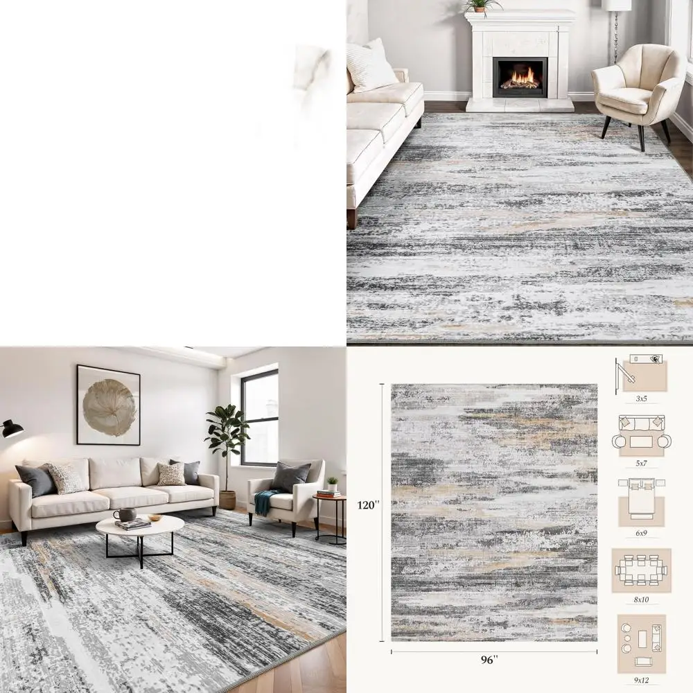 Large 8x10 Area Rug - Abstract, Washable, Soft Low Pile, Non-Slip, Stain-Resistant, Neutral Beige-Grey for Living Spaces