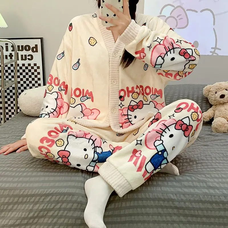 

Sanrio Hello Kitty Pajamas Suit Large Size Plus Velvet Female Winter New Style Cartoon Lounge Clothes Suit Long Sleeves Trousers
