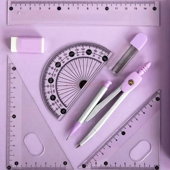 7pcs/set Measuring tape, drawing compass, transparent metal, elementary school stationery