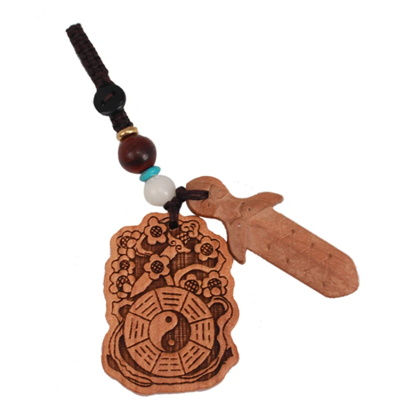 

Peach Wood Sword Cut Keychain Pendant Bedside Rotten Peach Blossom Small Bagua Mirror Protective Pendant Portable Ornament