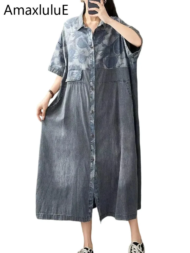 

Amax LuluE 2026 Korean Fashion Floral Dresses Womens Summer Vintage Loose Patchwork Vestidos Ladies Classic Leisure DenimClothes