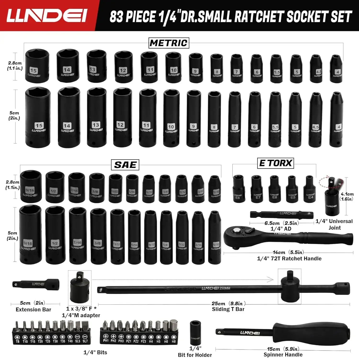 

[XMSJ-Limited Stock, Buy Now!]1/4 inch Drive Impact Socket Set 83 Piece,Standard SAE(5/32-9/16 inch) Metric Size(4-15mm),72T Rat