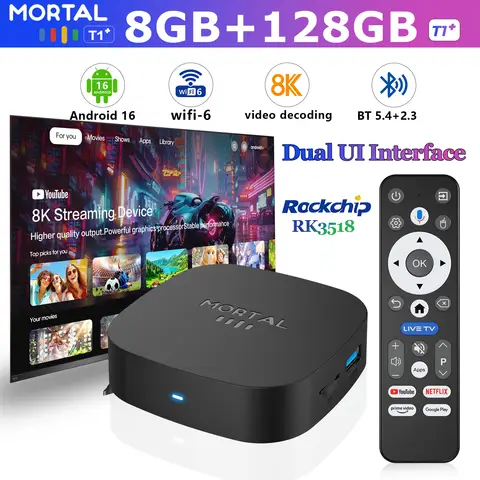 2025 New Android TV Box T1+ Rockchip RK3518 Android 16 8GB RAM 128GB ROM WiFi 6 BT 5.4 Dual UI 8K Ultra HD Smart Media Player