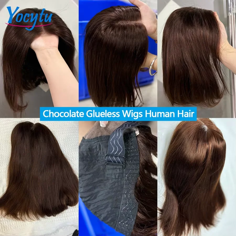 Perruques Lace Front Marron Chocolat YOCYTU 12 Pouces Sans Colle Cheveux Humains Pour Femmes Perruque Bob 4x4 Cheveux Humains Livraison en 3 Jours France