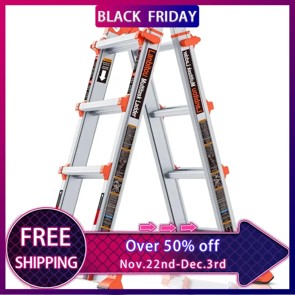 A Frame 4 Step Ladder Extension,14 FT Anti-Slip Multi Position&Storage Folding Ladder, 330 lbs Load Telescoping Aluminum Ladders