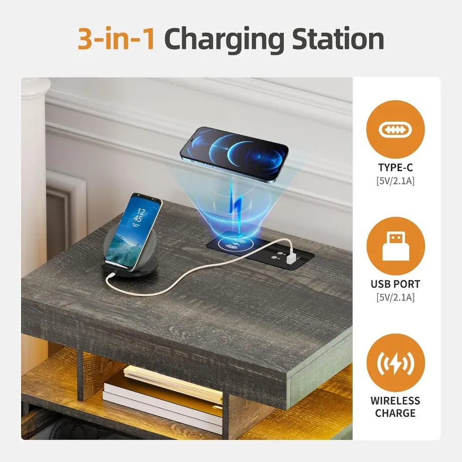 مجموعة من 2 منضدة مع درج مسدس قابل للقفل 3 طاولة نهاية LED قابلة للتعتيم مع محطة شحن طاولة بجانب السرير للمزرعة مع H