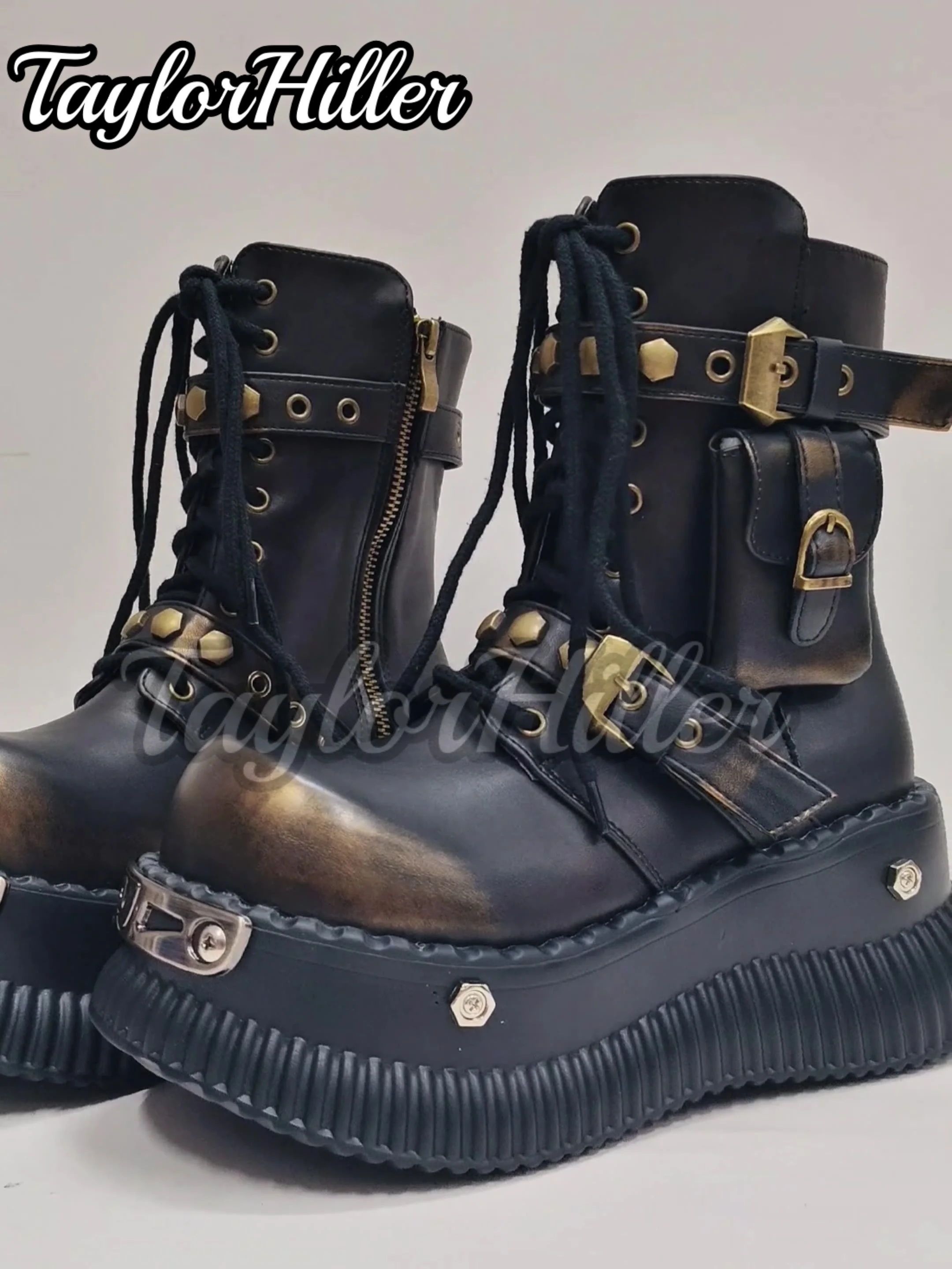 Rock Brown Mixed Color Boots Round Toe Botas Square Heel Belt Rivets Lace Up Shoes Autumn Winter Man Women Zapatos De Mujer 2025 view 2