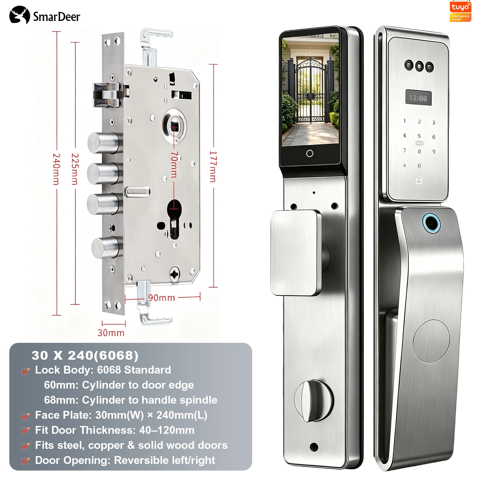 SmarDeer IP66 Outdoor Waterdicht Smart Lock, 3D Gezichts- en Palmaderherkenning Deurslot, Tuya WiFi Keyless Entry Veiligheidsslot