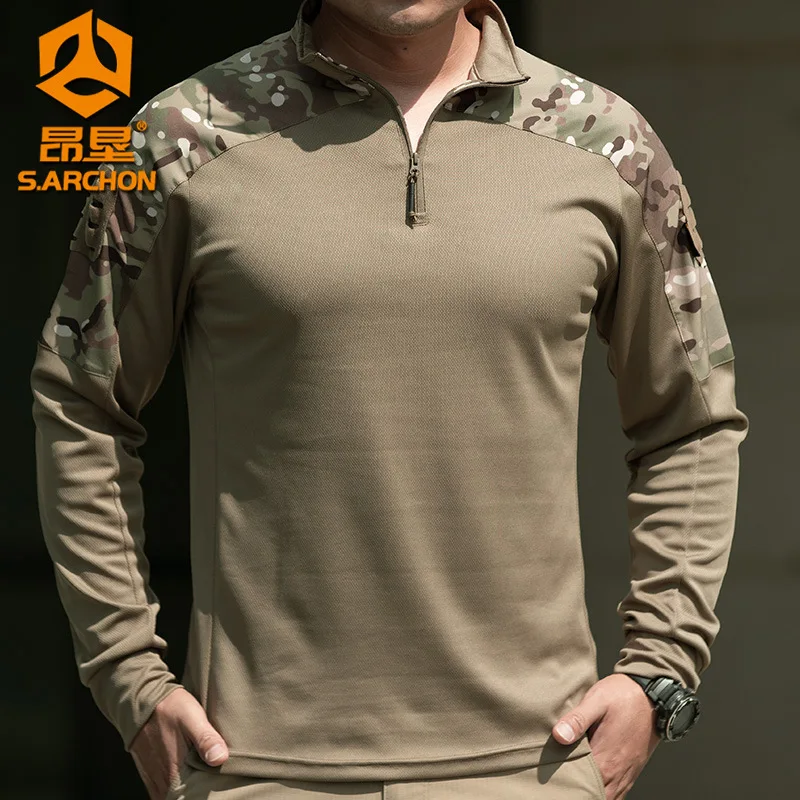 Men Long Sleeve Tactical Shirt Outdoor Combat Training Camouflage Uniform Gym Sport Clothes Tops Stretch Sweatshirt Hiking Shirt
