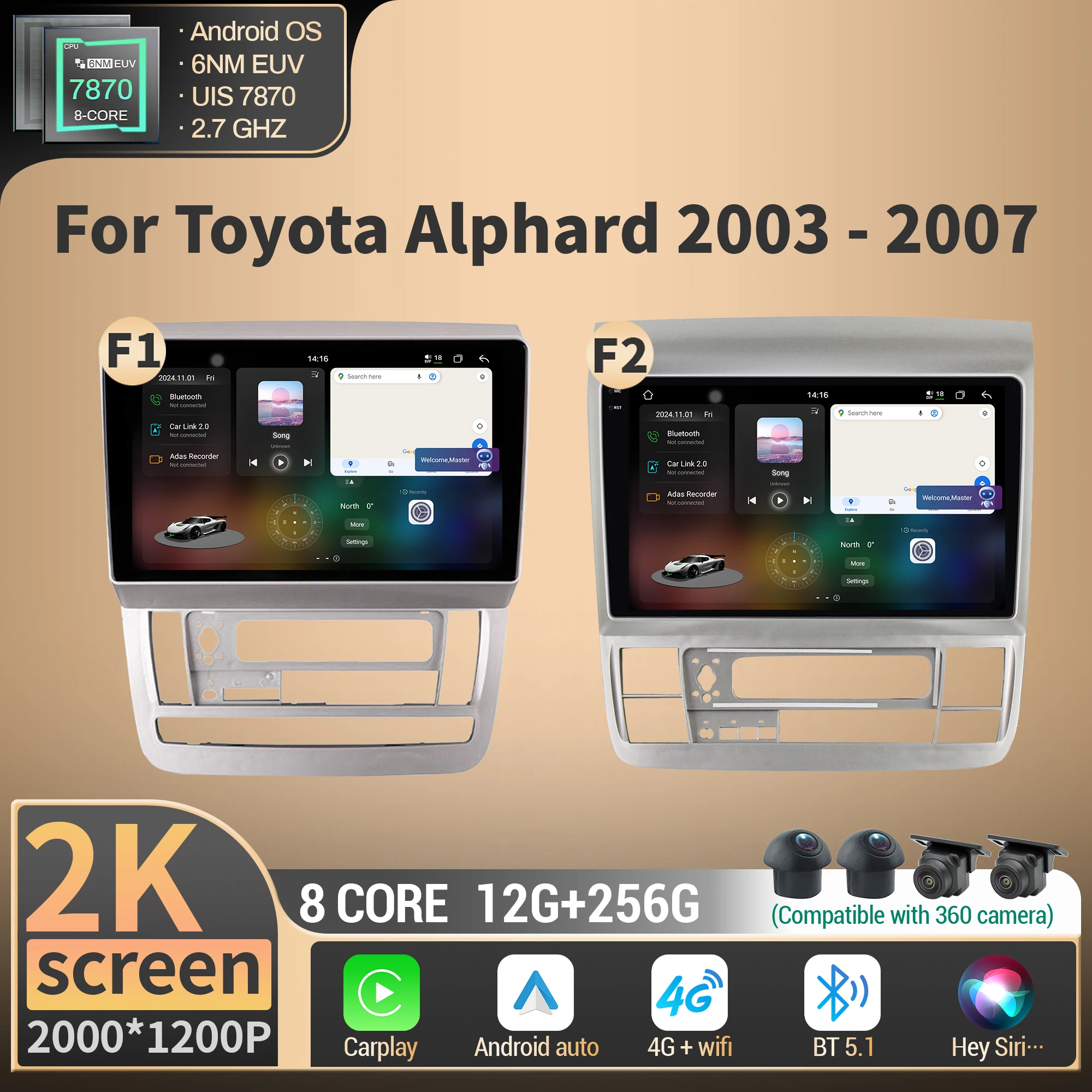 

Car Radio Multimedia For Toyota Alphard 2003-2007 Android Wireless Bluetooth Carplay 4G GPS CPU 7870 2K QLED Screen