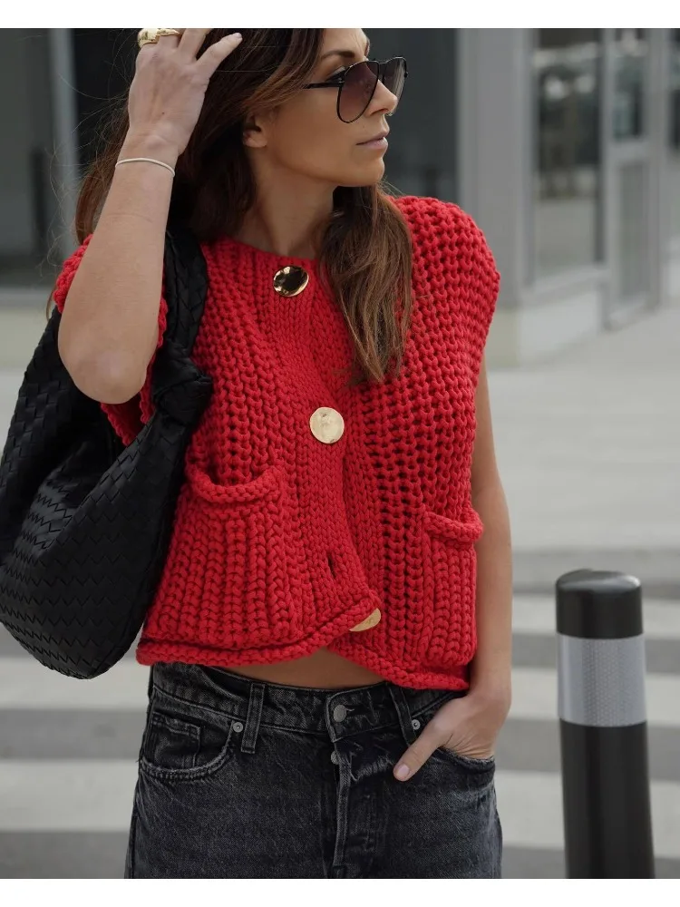 TRAF Spring Women's Knitted Vest Elegant Fashion Women Knit Vest Casual Red Sleeveless O-neck Metal Button Sweater