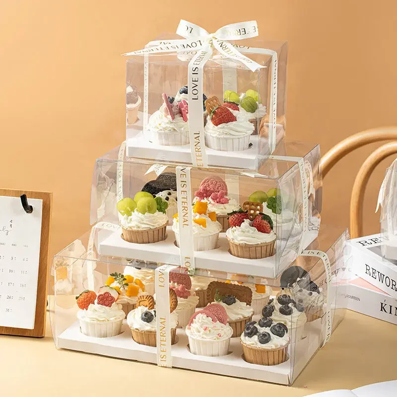 Caja de embalaje de pasteles de plástico transparente con 2/4/6/12 agujeros, suministros, 10 juegos de cajas de pastelería con vasos de papel, regalo para fiesta de boda, paquete de postre