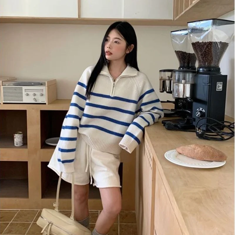 Pullovers Women Striped Zipper Loose Casual Knitted Sweaters Preppy Style Design Sweet Outwear Age-reducing Cozy Fashion Ulzzang