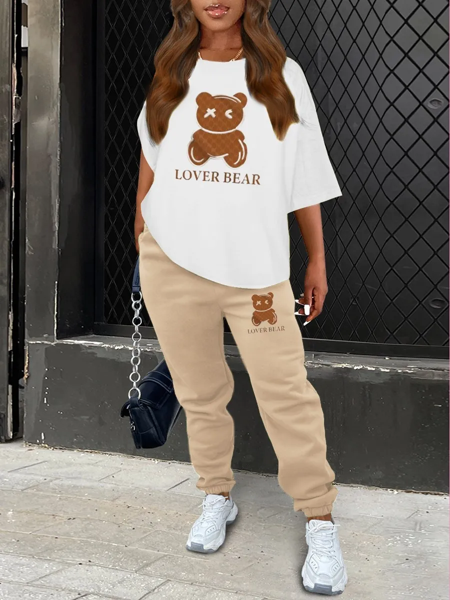 LW Plus Size Two Piece Lover Bear Skull Head Letter Print Pants Set Pullover Short Sleeve Tee&Sporty Trousers 2PC Activewears