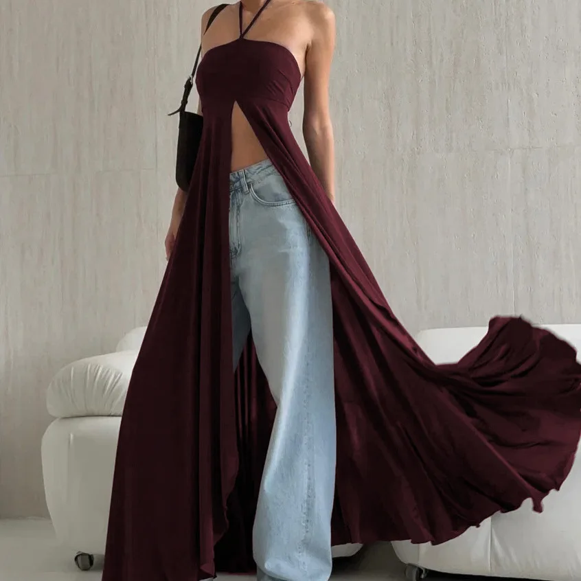 

Brown Halter Neck Maxi Top Front Cutout Open Front Floor Length Flowy Blouse Y2K Aesthetic Vacation Casual Wear