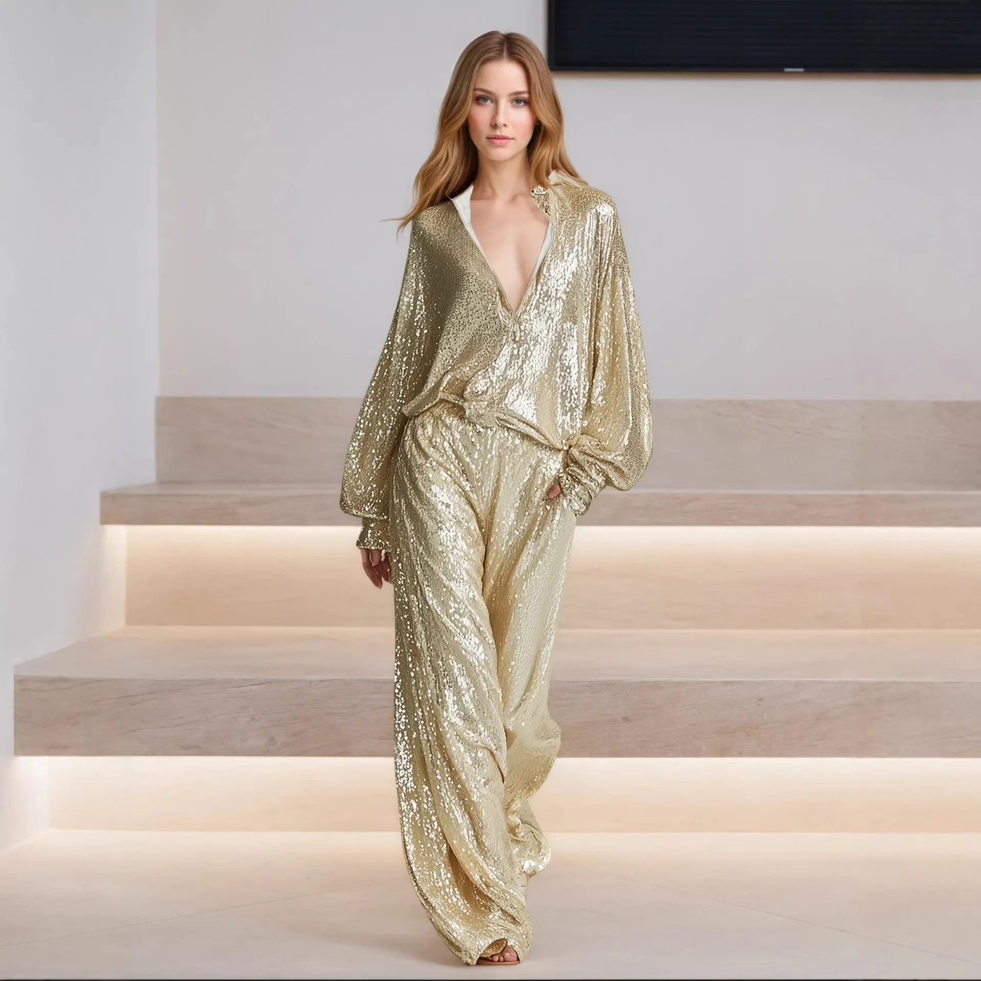 

Half Zip-up Lapel Collar Lantern Sleeve Top and Wide Leg Loose Pant Matching Set Elegant Women's Sequined Shinny Two Piece Set