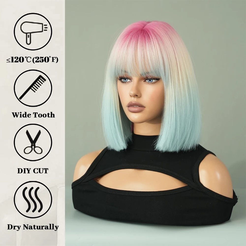 PARK YUN Short Straight Pink Gradient Blue Wigs With Bangs Natural Synthetic Hair Wig for Women Daily Cosplay Lolita Party Wig