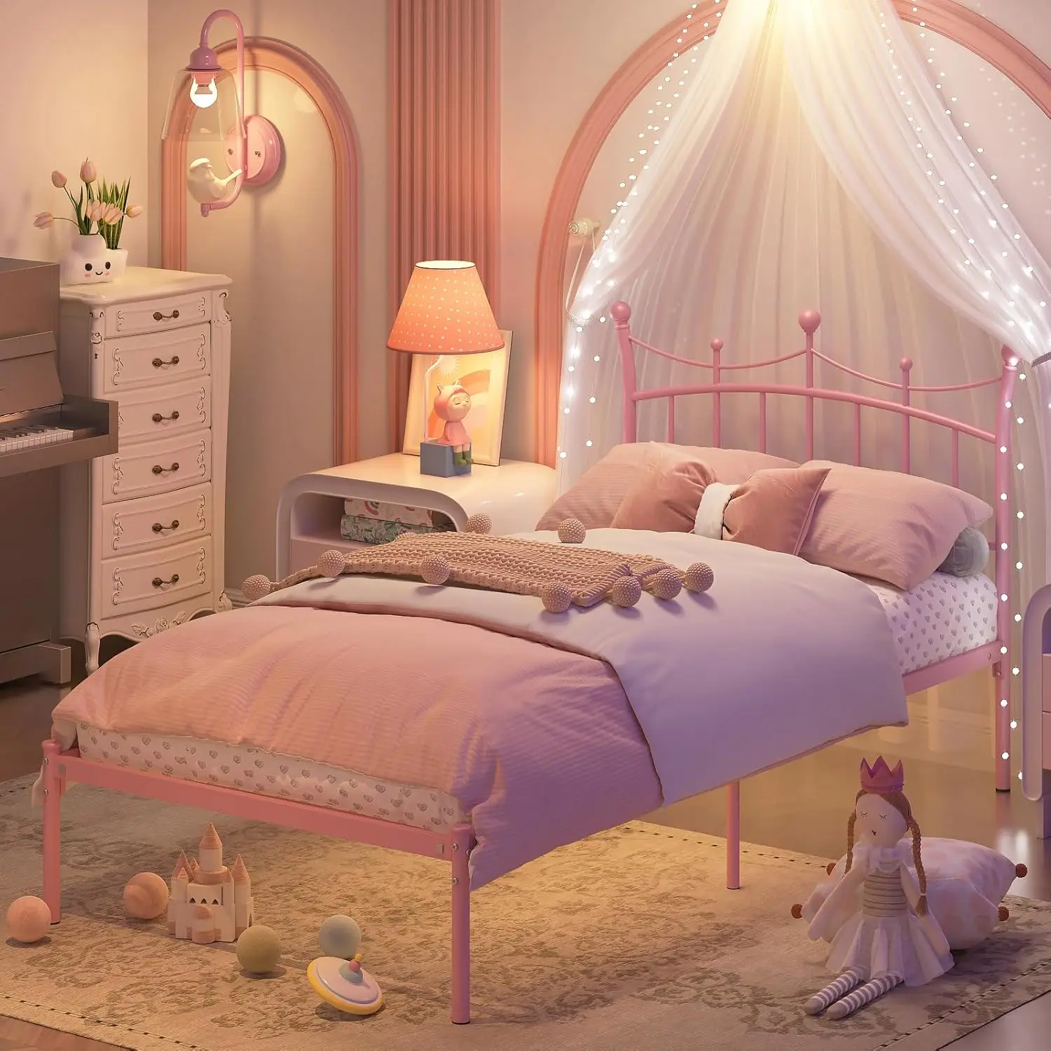 Princess Twin Bed Frame with Crown Headboard, Heavy Duty Metal Platform, Easy Assembly, Light Pink