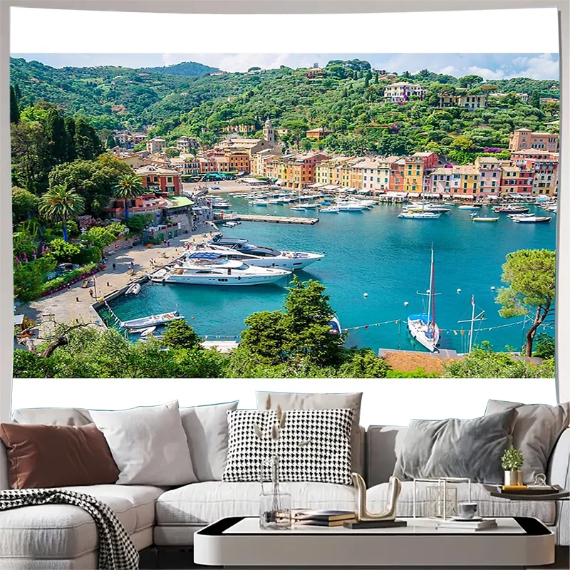 Coastal Landscape Tapestry Ocean View Wall Hanging Beach Decor Room Aesthetic Art Nature Scenery Home Decor Gift Mediterranean V