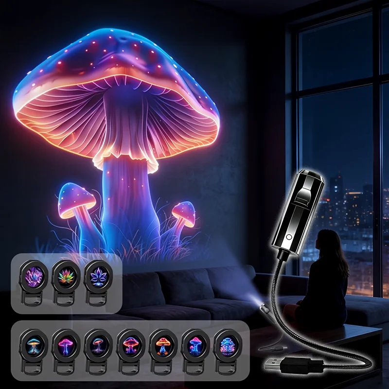 Halloween USB Projector Night Light 360° Rotating Whale Planet Mushroom Starry Sky Ceiling Lamp for Bedroom Room Decor Gift