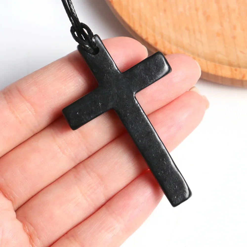 Natural Shungite Stone Cross Shape Necklace Jewelry Energy Balace Healing Crystal EMF Protection Black Gemstone Spiritual Quartz