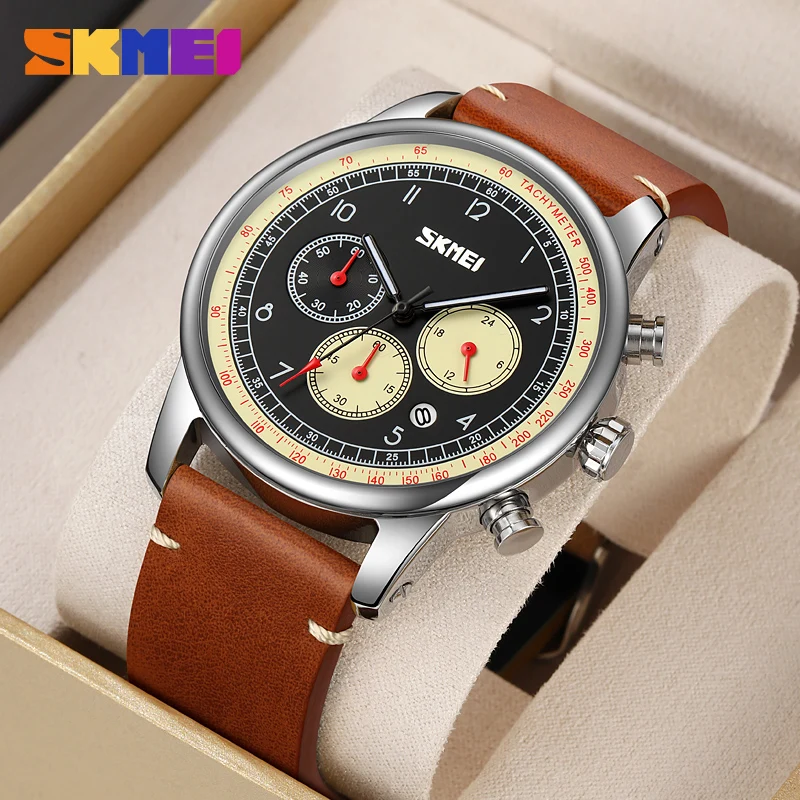 SKMEI Fashion Stopwatch Watch Mens Casual Genuine Leather Strap Quartz Wristwatches Waterproof Date Week Clcok Male reloj hombre