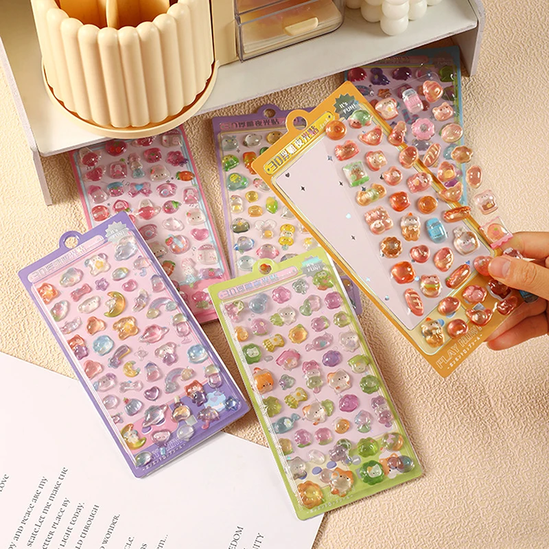 Kawaii Cartoon 3D Relief Sticker Cute Crystal Jelly Patch For Mobile Phone Case Mirror Scrapbook Journal Animal Decor
