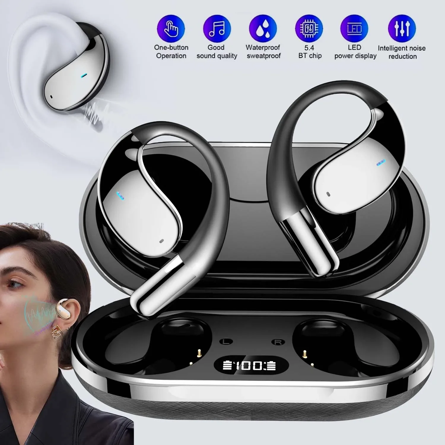 

OWS Sport Office Earhook Earphone Smart Noise Cancelling Mic Headset Air Conduction Wireless Bluetooth Headphone For Android Ios
