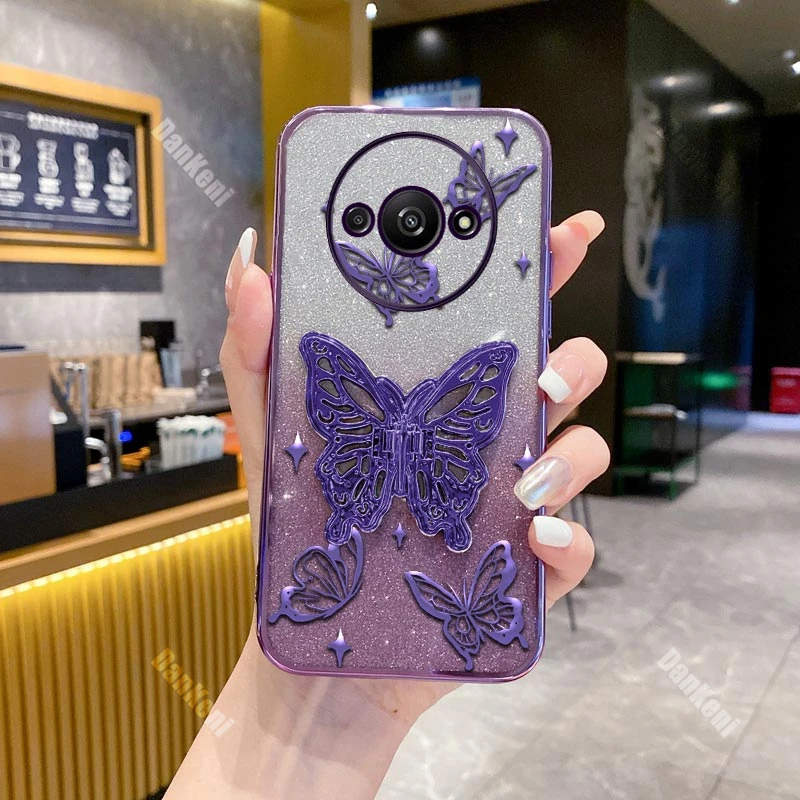 A3 Shiny Butterfly Plating Phone Holder Case For Xiaomi Redmi A3 A1 A1Plus Turbo 3 13C 13R 12C 12 10 10A 10C 11A 9A 9C 9 Cover