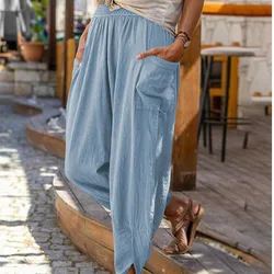 Summer 2024 New Casual Fashion Solid Linen Loose Pocket Wide Leg Radish Harem Pants Women Ankle-length Trousers Female Bloomers