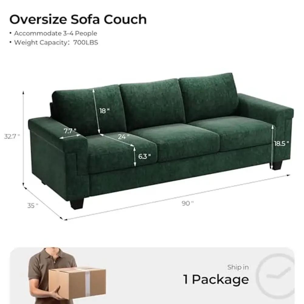 Modern 3-Seat Sofa with Luxury Velvet Fabric 90 Inch Couch with Deep Seats and Detachable Cover Spacious Living Room Lounge