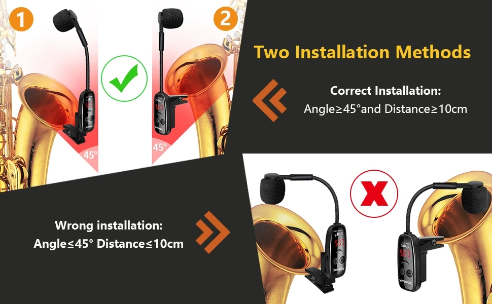 XIAOKOA UHF Wireless Instruments Saxophon-Mikrofon, kabelloser Empfänger, Sender, 160 Fuß Reichweite, Plug-and-Play, ideal für Trompeten – Detail 4