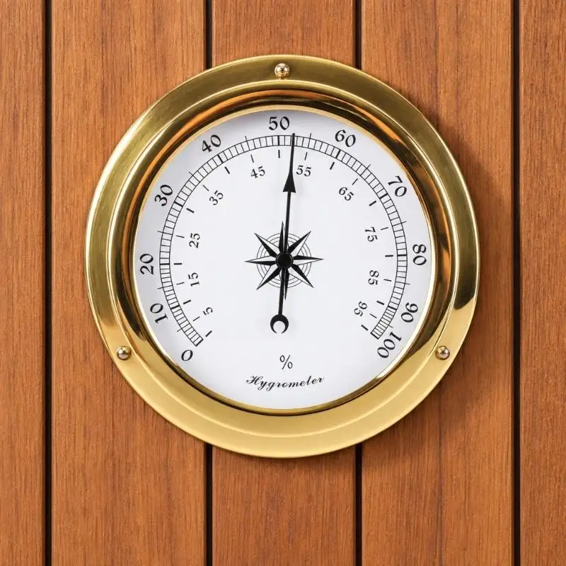 Environmental Reading Instrument, Analog Weather Monitor with Round Face, Reading Needle, Metal Housing, and Rear D2RD