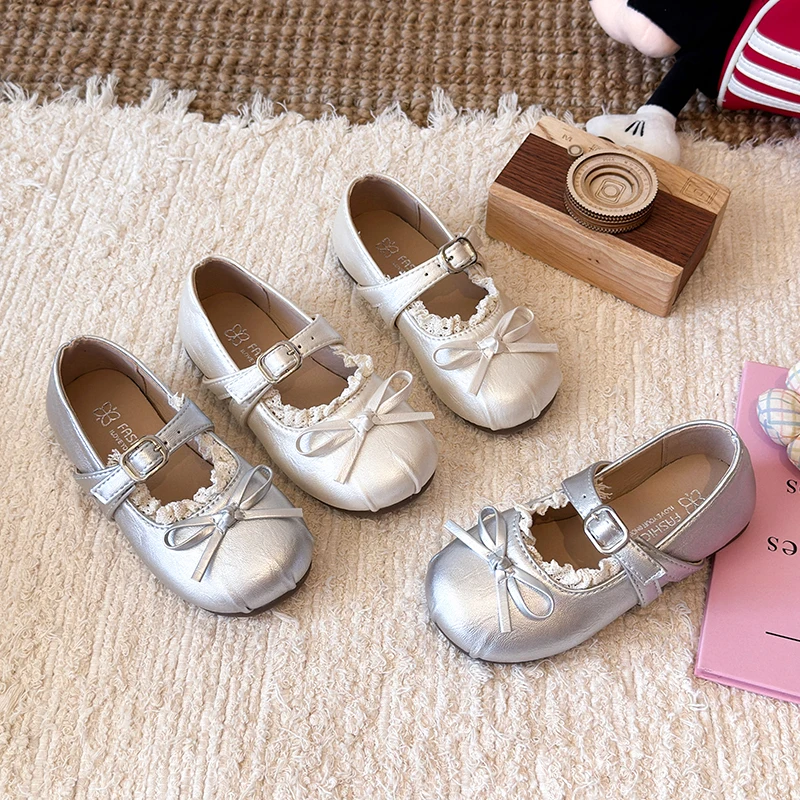 JGSHOWKITO Girls Princess Shoes Medium Big Kids Sweet Flats Bow-knot with Ruffles Cute Soft Spring Autumn Non-slip Korean Style
