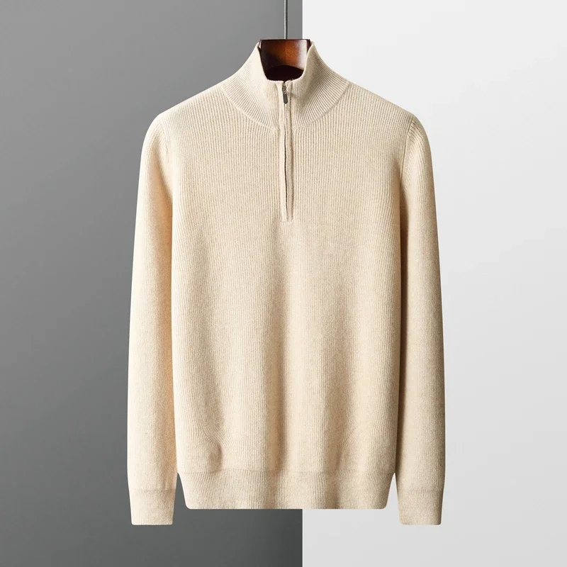 Autumn and Winter New 100% Merino Wool Sweater Men's Standing Neck Knit Pullover Solid Color Long Sleeve Thickened Warm Shirt