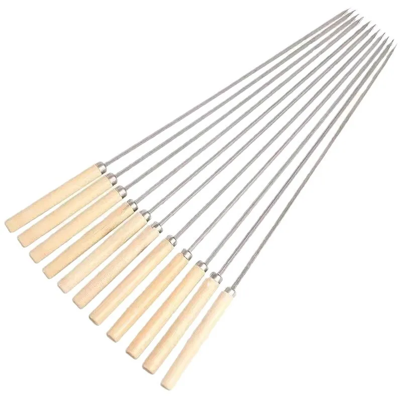 30pcs Wooden Handle Anti-Scalding Barbecue Skewers Can Be Reused 304 Stainless Steel Metal Barbecue Skewers Wide Skewers