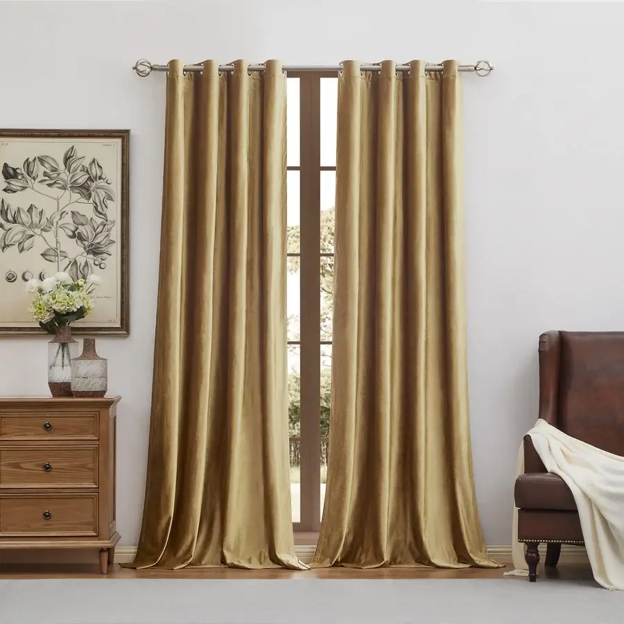 Cortinas Opacas de Terciopelo para Ventana, Color Dorado, 96 Pulgadas de Largo, Cortinas Oscurecedoras para Habitación, Aislantes Térmicas, con Ojales, para Sala de Estar
