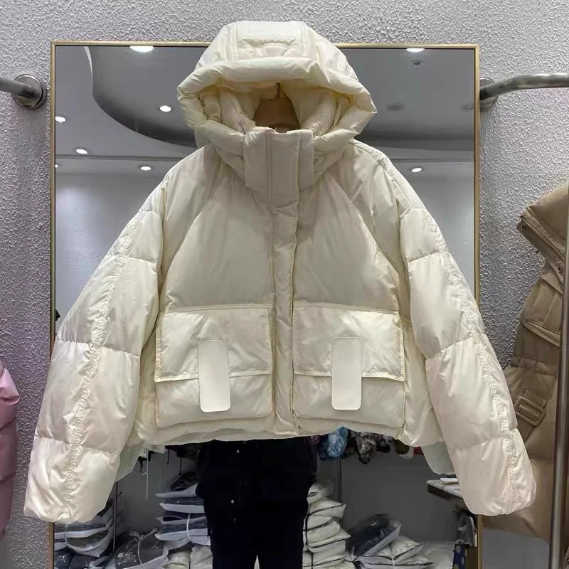 Short Down Jacket for Women, White Duck Down, Warm Parka Coat, Hooded Snowsuit, Thickened Fashion, Bread Clothing