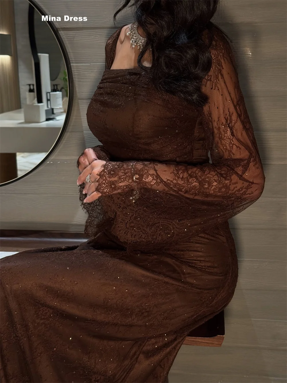 Mina Customized Brown Luxury Women's Elegant Party Dress Lace Embroidered Long Sleeves Square Collar Evening Dresses Brands Prom